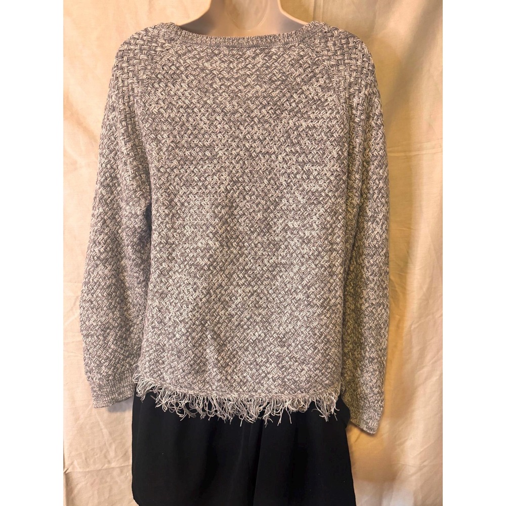 Joie Basketweave Knit Sweater Womens Medium Grey Fringe Hem Pullover - Picture 3 of 5